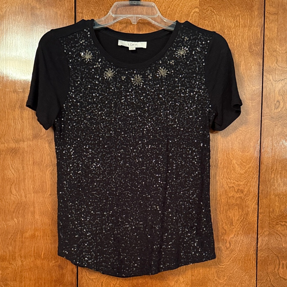 LOFT Black Sequin Short Sleeve Tee